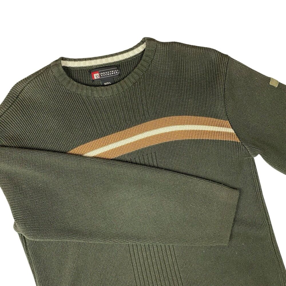 Vintage Industrial Exchange Sweater Men L Green Stripe Crewneck Rib Knit Outdoor